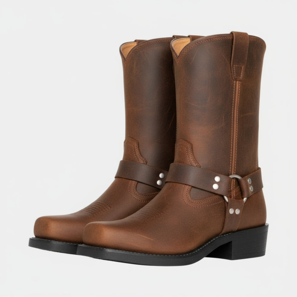 Women's Leather Harness Ankle Boots - Biker Heels Studded