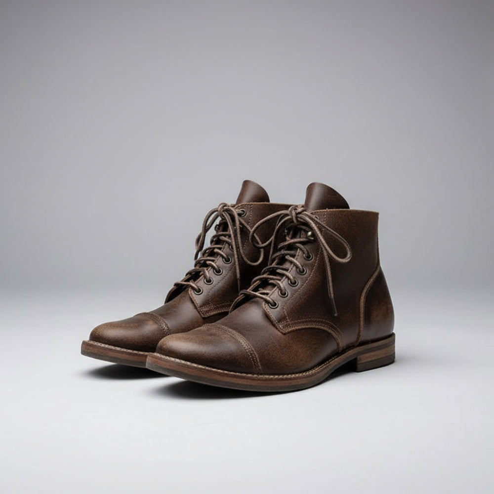 Men's Work Leather Ankle Boots - Lace Up Cap Toe