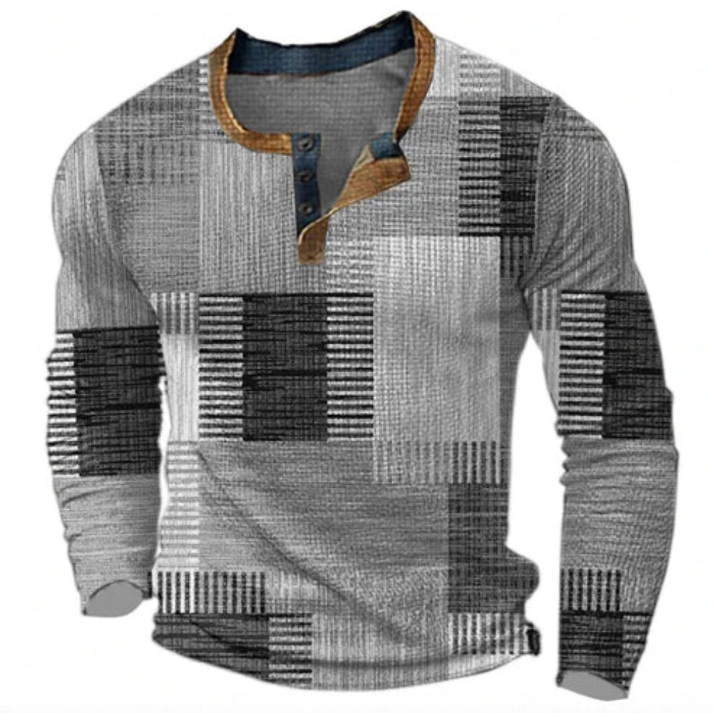 Men's Geometric Patchwork Long Sleeve Henley Shirt - Casual