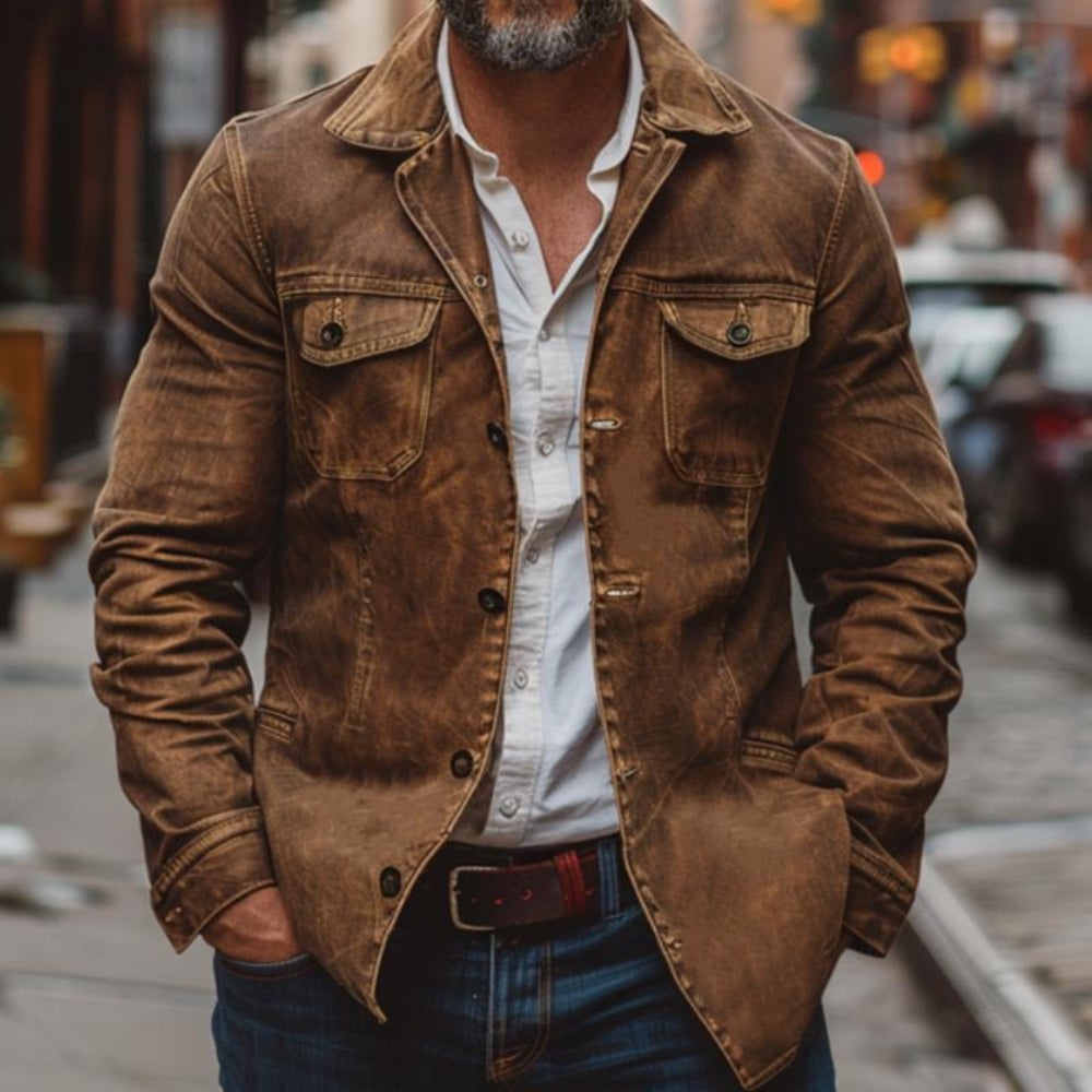 Men's Leather Jacket Vintage Heavy Washed Multi-Pocket Work Style 6