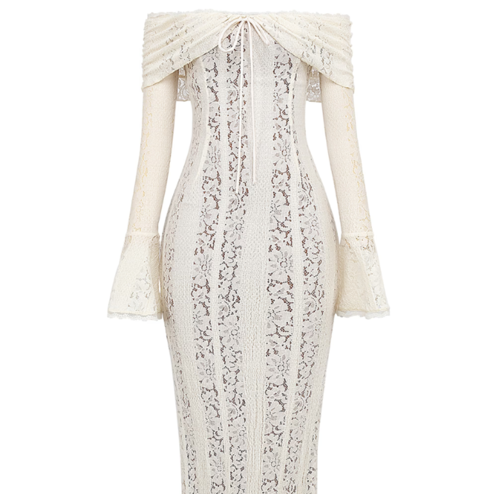 Women's Off Shoulder Lace Bodycon Dress - Long Sleeve Mermaid Maxi