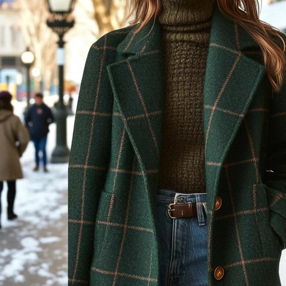 Women’s Classic Checked Wool Coat – Elegant Warm Overcoat