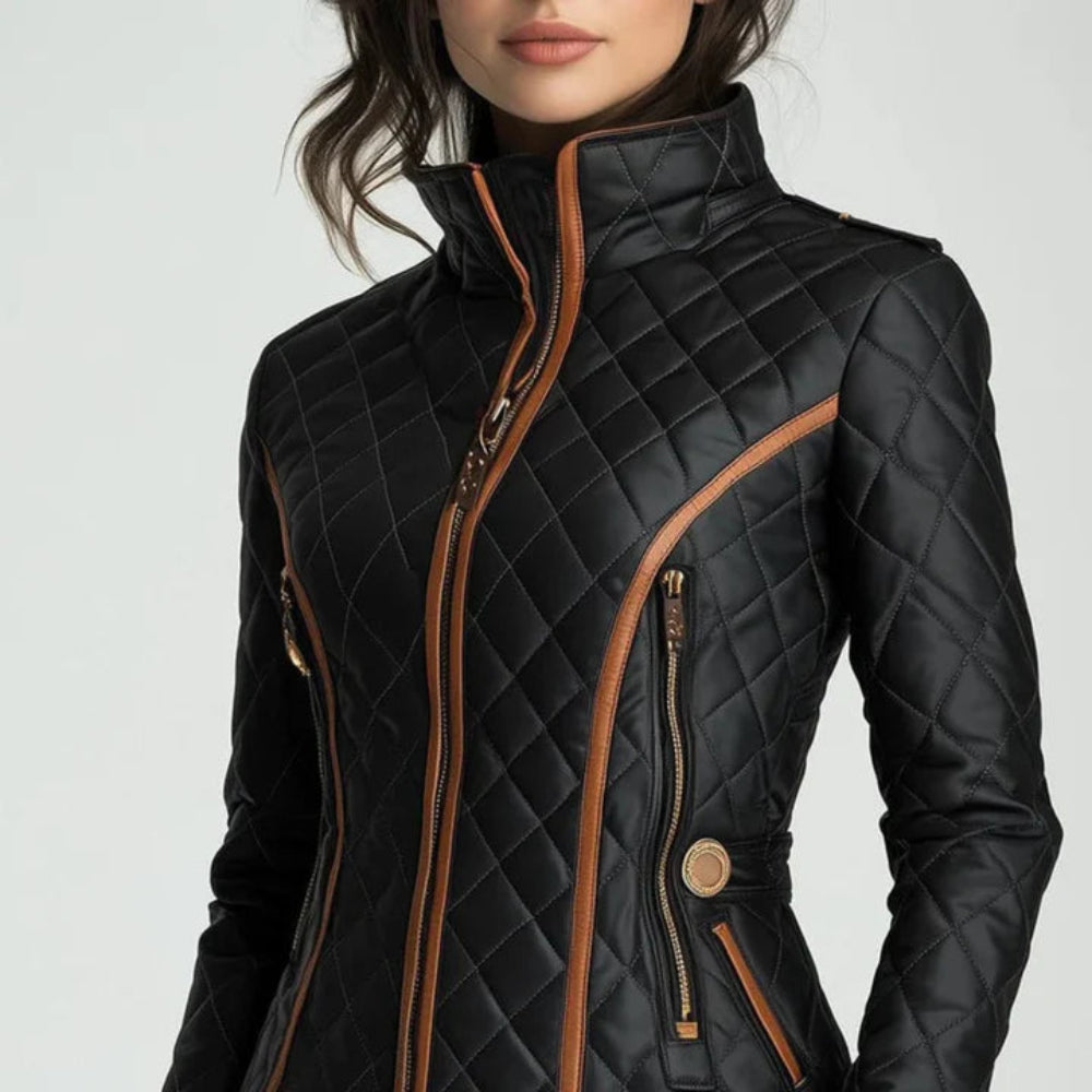 Women's Quilted Faux Leather Jacket - Tailored Zip Pockets