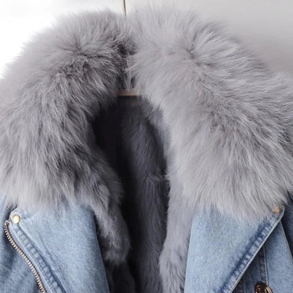 Women’s Short Denim Faux Fur Coat – Warm Stylish Winter Jacket