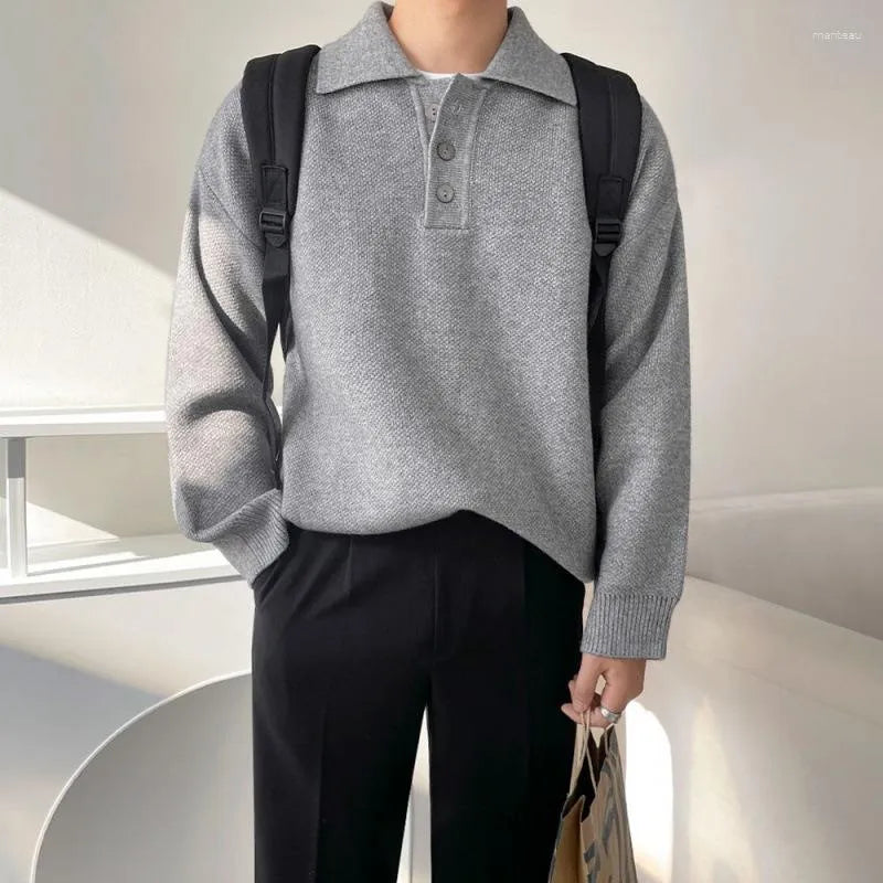 Men’s Casual Knit Polo Sweater | Long Sleeve Ribbed Jumper