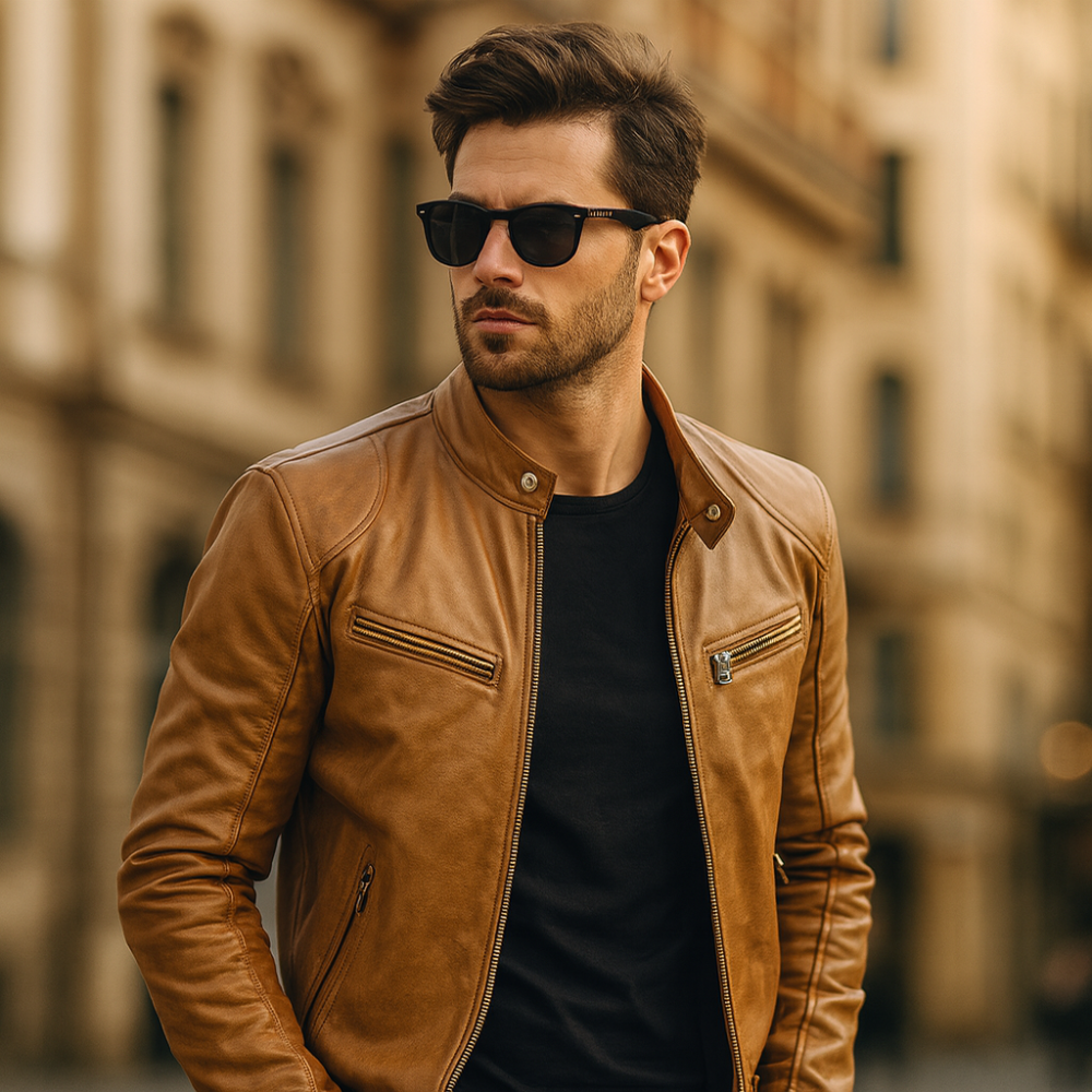 Men’s Lightweight Biker Leather Jacket - Slim Fit Motorcycle Style