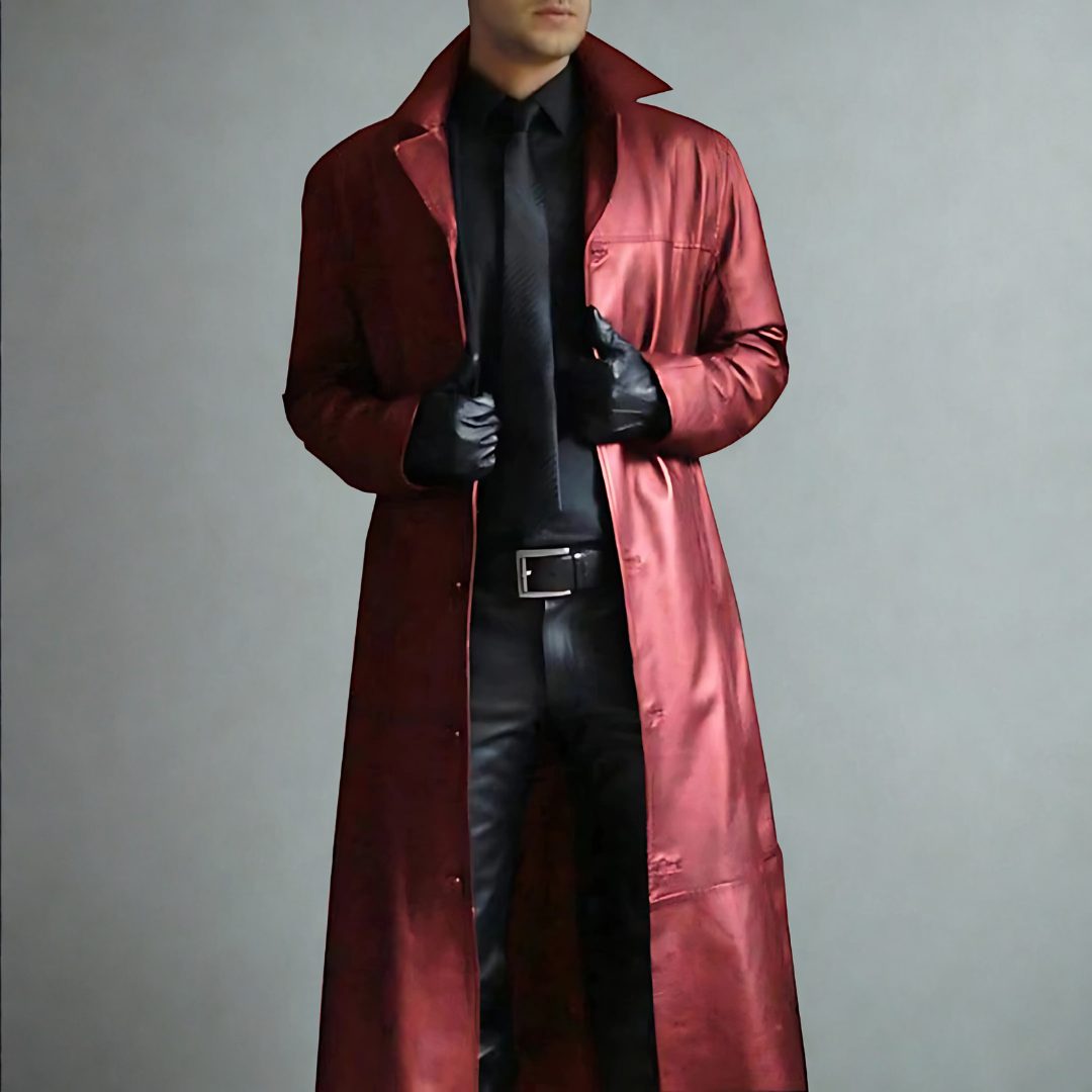 Men's Long Leather Trench Coat | Classic Full-Length Overcoat