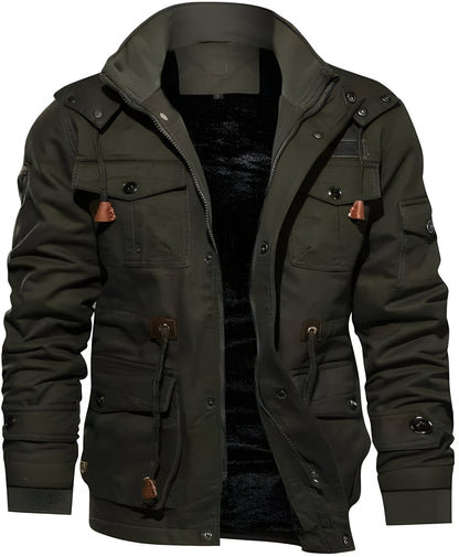 Men’s Warm Fleece-Lined Winter Jacket | Hooded Utility Multi Pocket