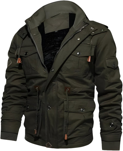 Men’s Warm Fleece-Lined Winter Jacket | Hooded Utility Multi Pocket