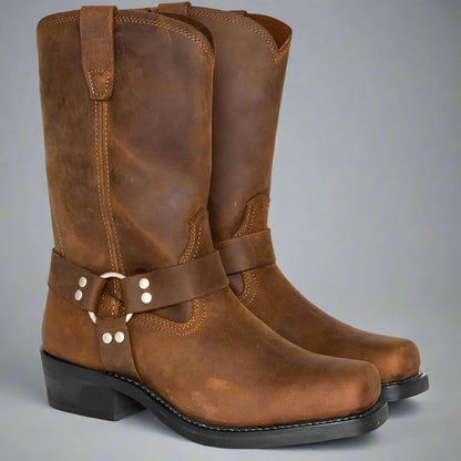 Men's Leather Harness Boots | Western Durable Mid Calf Riding