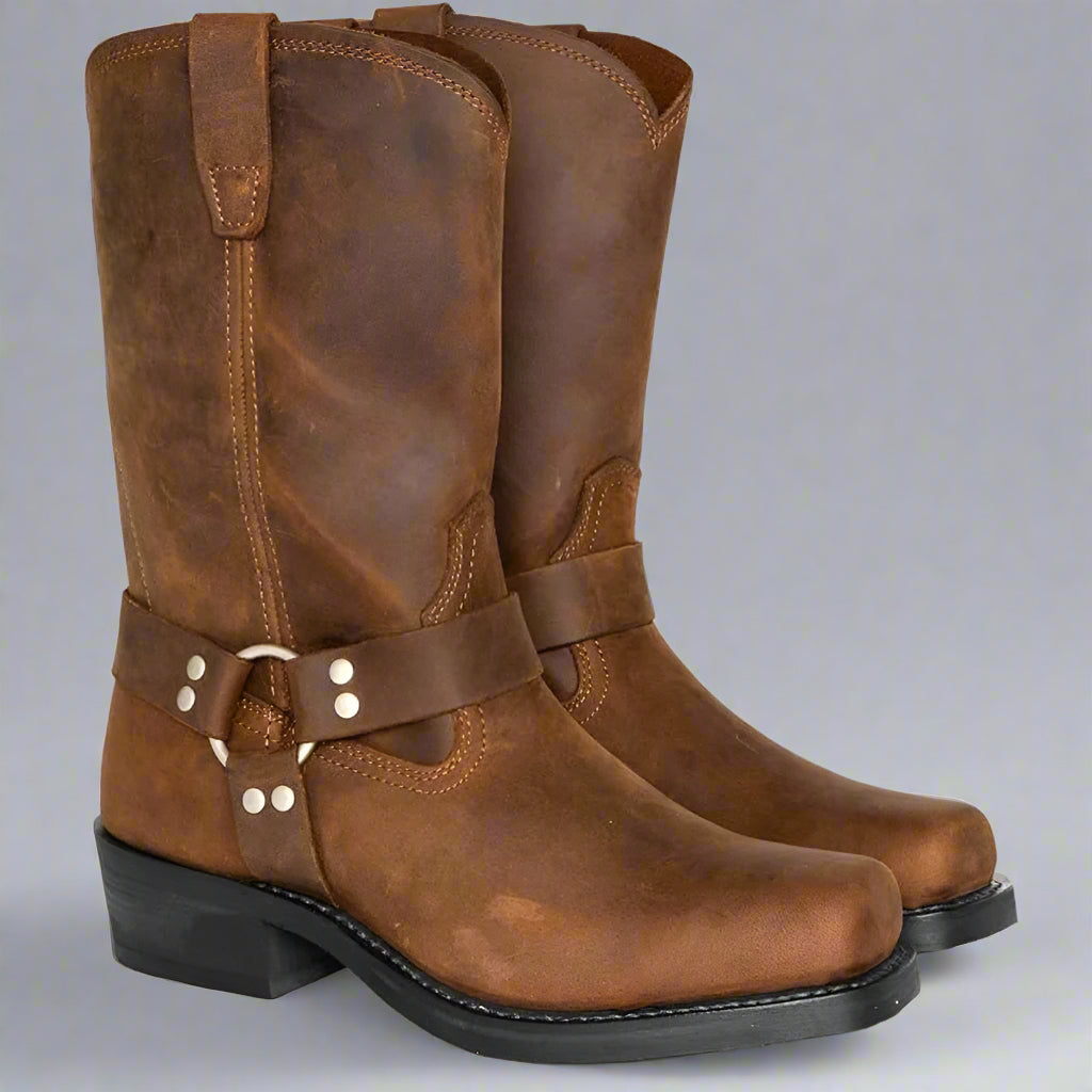 Men's Leather Harness Boots | Western Durable Mid Calf Riding
