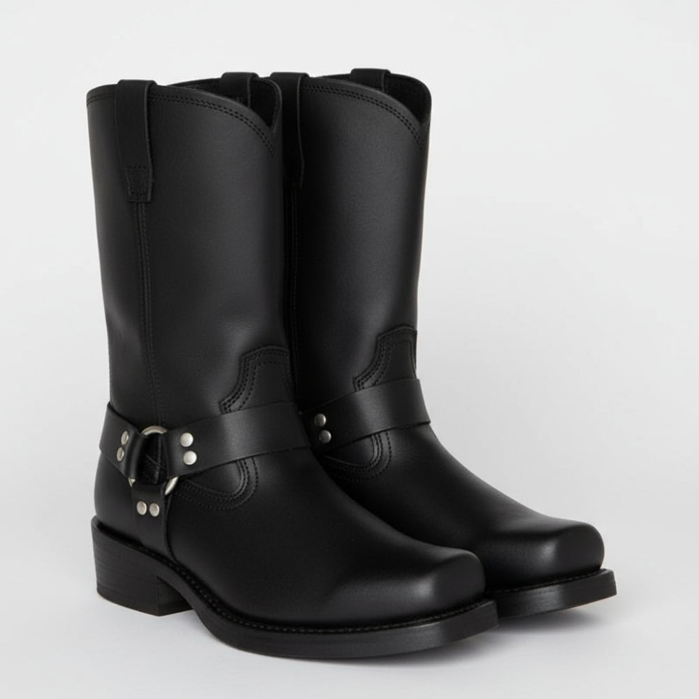 Women's Leather Harness Ankle Boots - Biker Heels Studded