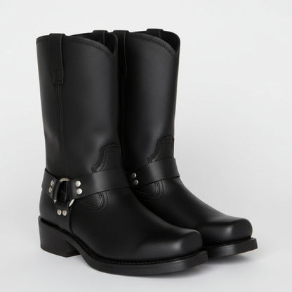 Women's Leather Harness Ankle Boots - Biker Heels Studded