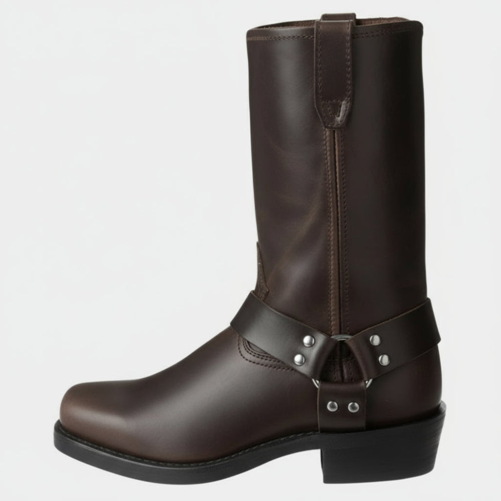 Women's Leather Harness Ankle Boots - Biker Heels Studded