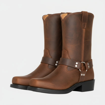 Women's Leather Harness Ankle Boots - Biker Heels Studded