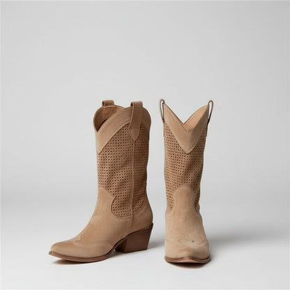 Women's Cowgirl Perforated Ankle Boots - Western Heels Suede
