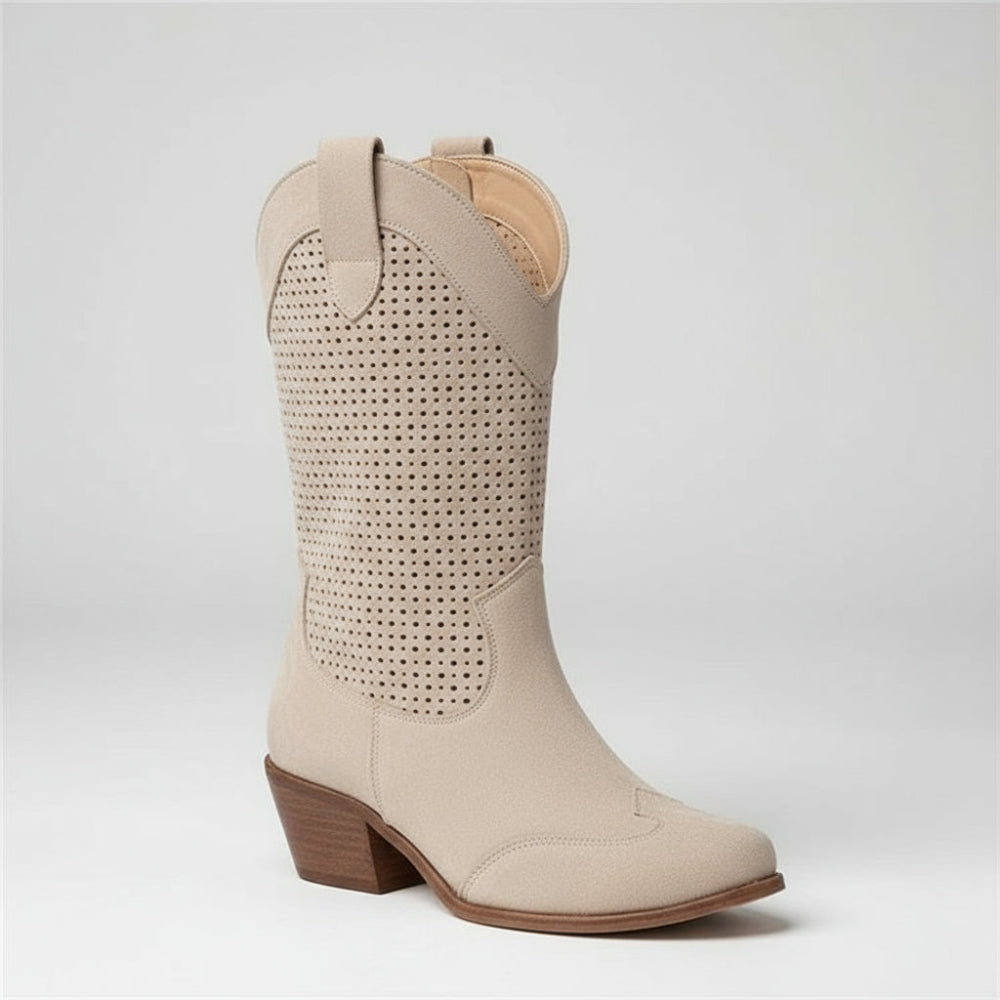 Women's Cowgirl Perforated Ankle Boots - Western Heels Suede