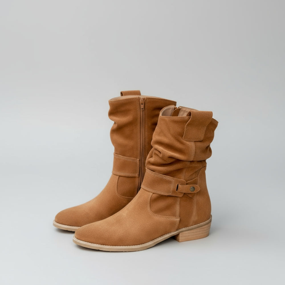 Women's Slouchy Ankle Boots - Suede Heels Strap Details