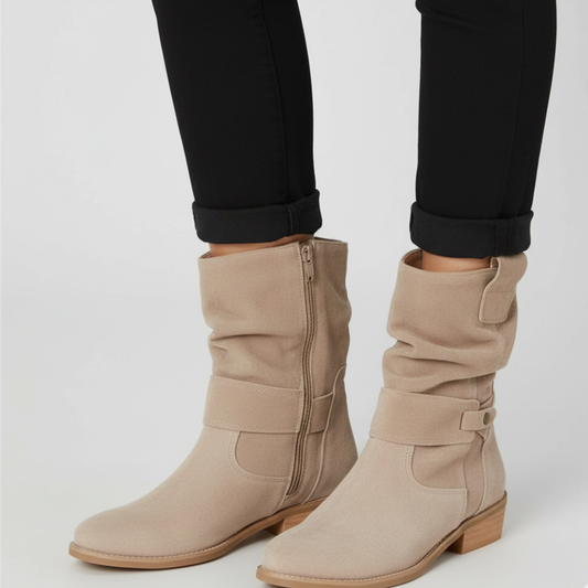 Women's Slouchy Ankle Boots - Suede Heels Strap Details