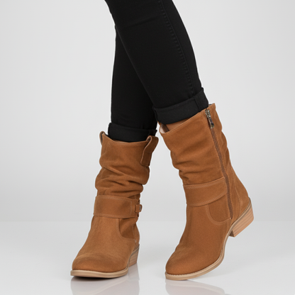 Women's Slouchy Ankle Boots - Suede Heels Strap Details