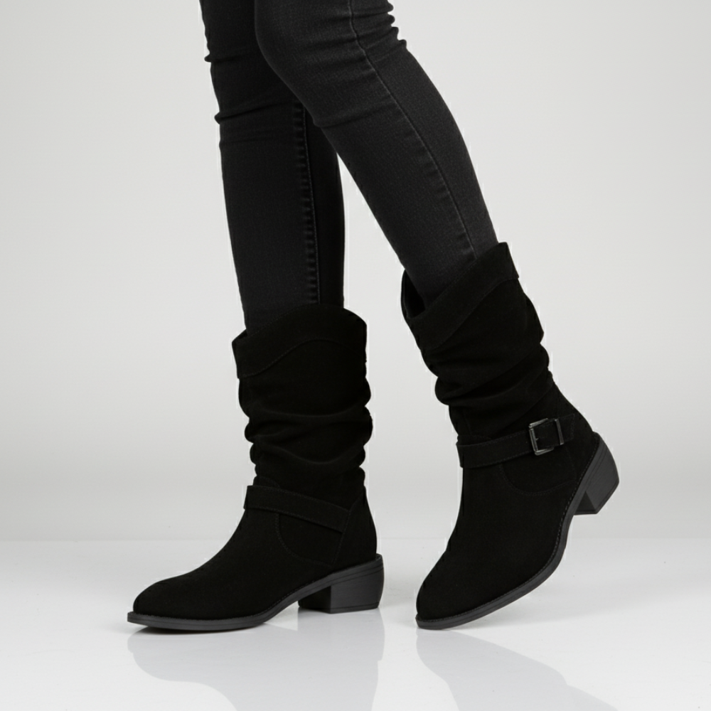 Women's Slouchy Ankle Boots - Suede Heels Strap Details