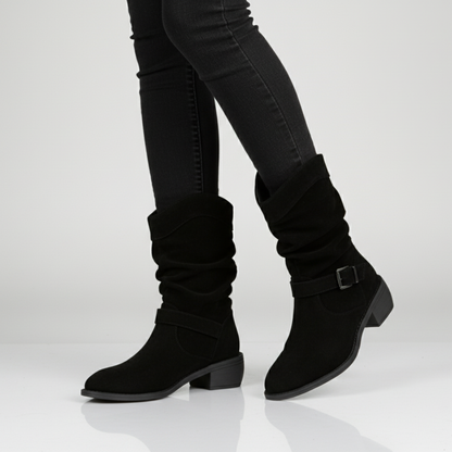 Women's Slouchy Ankle Boots - Suede Heels Strap Details