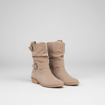 Women's Slouchy Ankle Boots - Suede Heels Strap Details