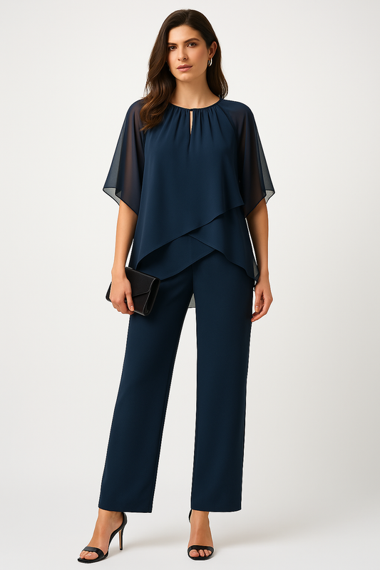 Women's Elegant Co-Ord Set | Chiffon Overlay, Wide Leg Pants