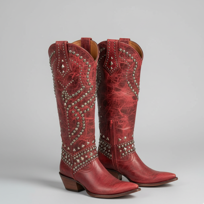 Women's Cowgirl Knee High Boots - Western Studded Heels Shoes