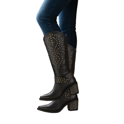 Women's Cowgirl Knee High Boots - Western Studded Heels Shoes