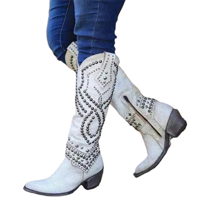 Women's Cowgirl Knee High Boots - Western Studded Heels Shoes