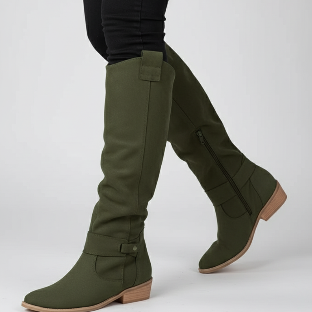 Women's Knee High Boots - Slouchy Low Heel Zipper Shoes