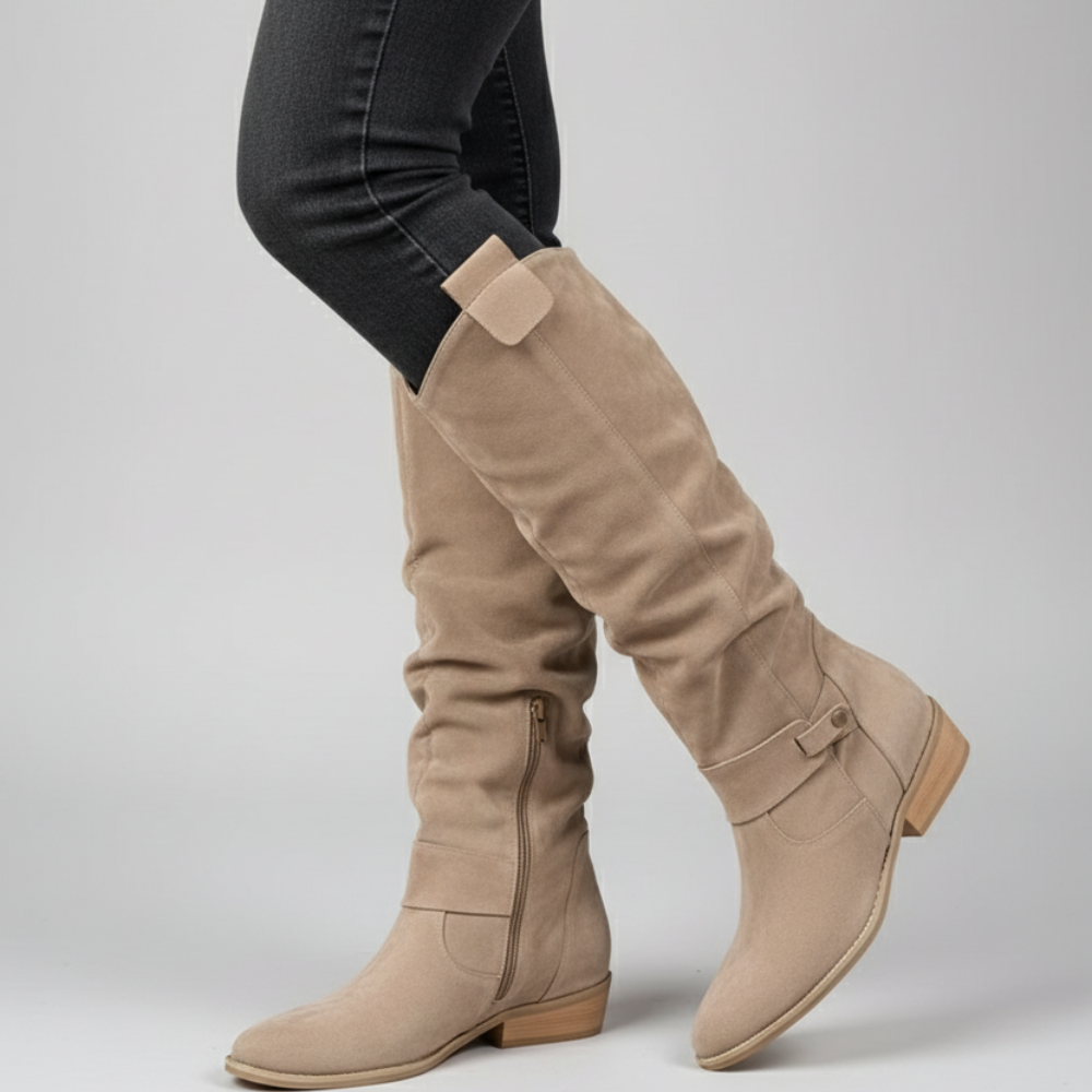 Women's Knee High Boots - Slouchy Low Heel Zipper Shoes
