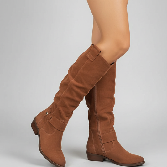 Women's Knee High Boots - Slouchy Low Heel Zipper Shoes