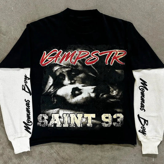 Men's Vintage Graphic Long Sleeve T-Shirt - Streetwear Layered Top