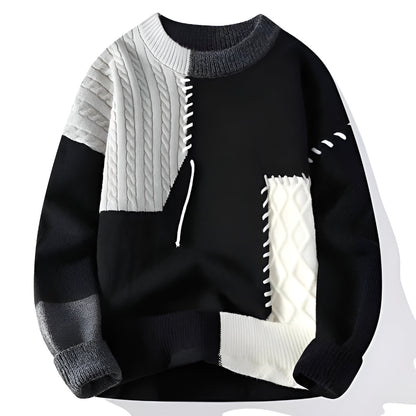 Men's Patchwork Knit Sweater – Long Sleeve Crew Neck