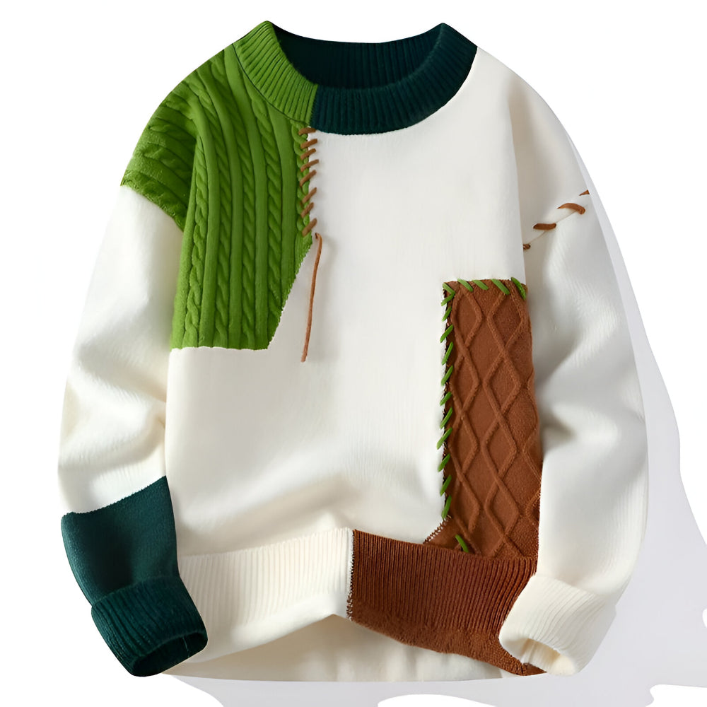 Men's Patchwork Knit Sweater – Long Sleeve Crew Neck