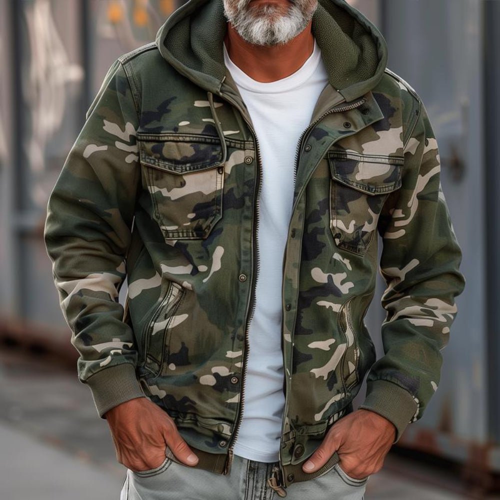 Men's Camouflage Hooded Military Jacket - Zip Front Style