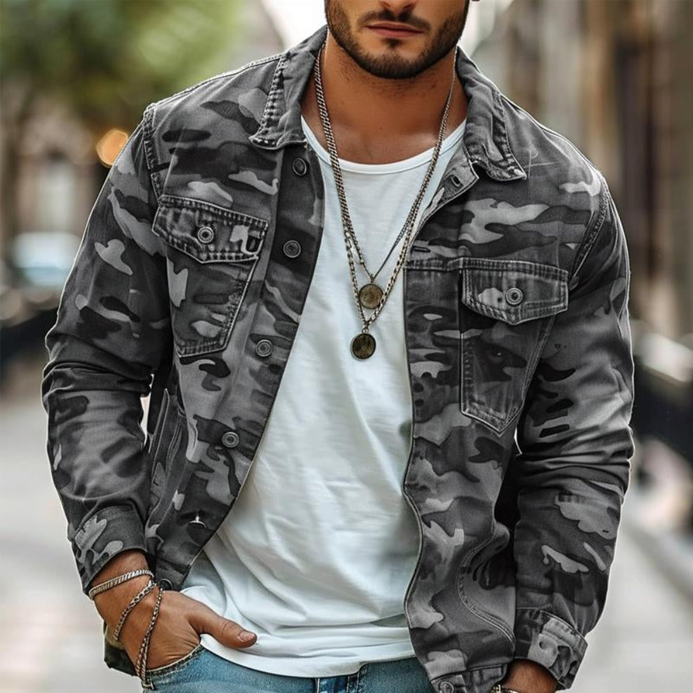 Men's Camouflage Military Utility Jacket - Button Front