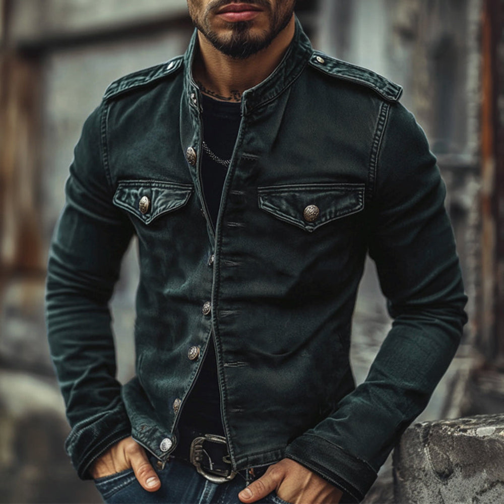 Men's Denim Jacket Casual Stand Collar Vintage Outerwear 1
