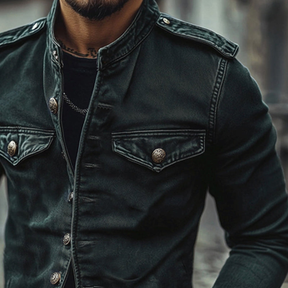 Men's Denim Jacket Casual Stand Collar Vintage Outerwear 3