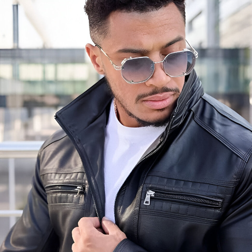 Men's Genuine Fitted Leather Jacket - Slim Zippered