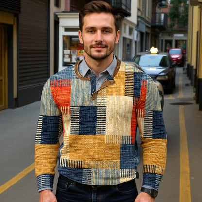 Men's Geometric Patchwork Long Sleeve Henley Shirt - Casual