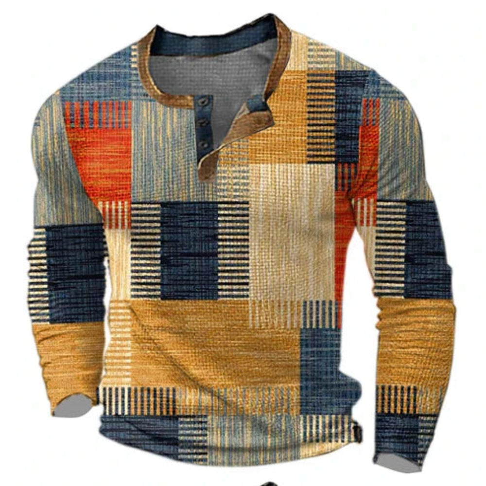 Men's Geometric Patchwork Long Sleeve Henley Shirt - Casual