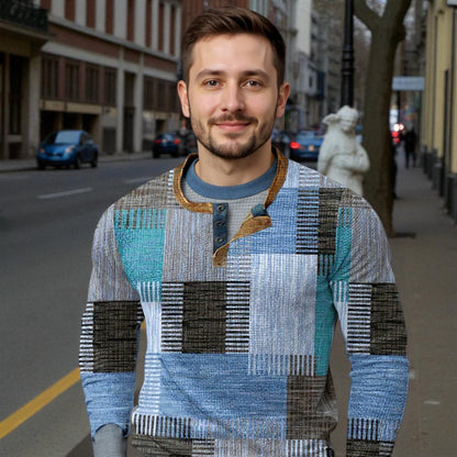 Men's Geometric Patchwork Long Sleeve Henley Shirt - Casual