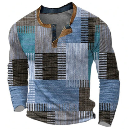 Men's Geometric Patchwork Long Sleeve Henley Shirt - Casual