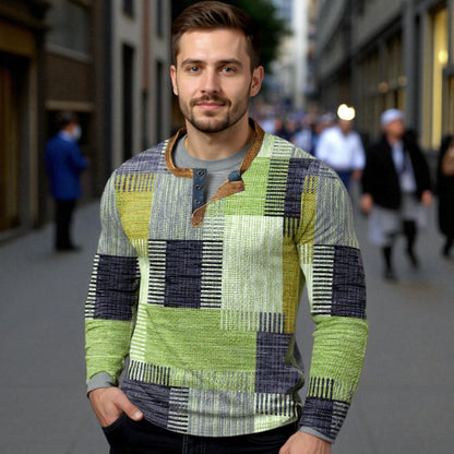 Men's Geometric Patchwork Long Sleeve Henley Shirt - Casual