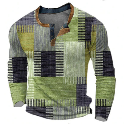 Men's Geometric Patchwork Long Sleeve Henley Shirt - Casual