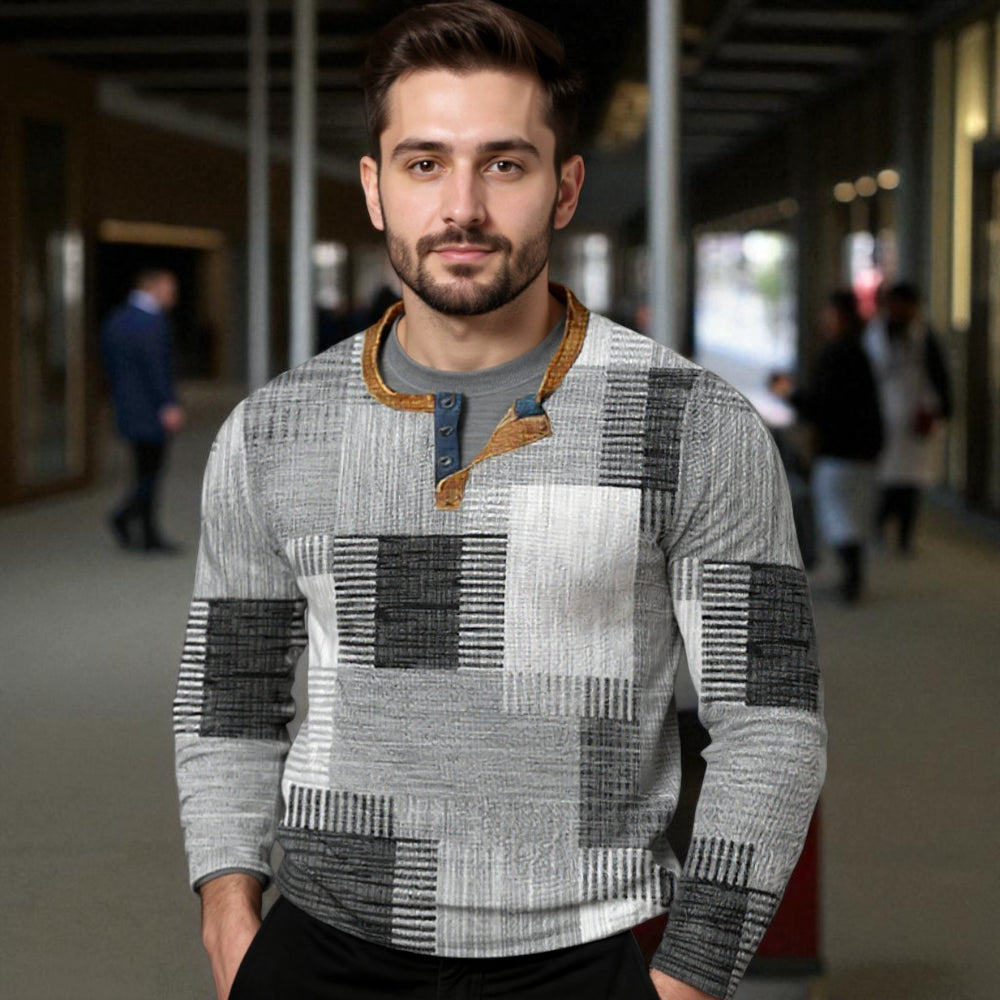Men's Geometric Patchwork Long Sleeve Henley Shirt - Casual