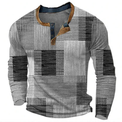 Men's Geometric Patchwork Long Sleeve Henley Shirt - Casual